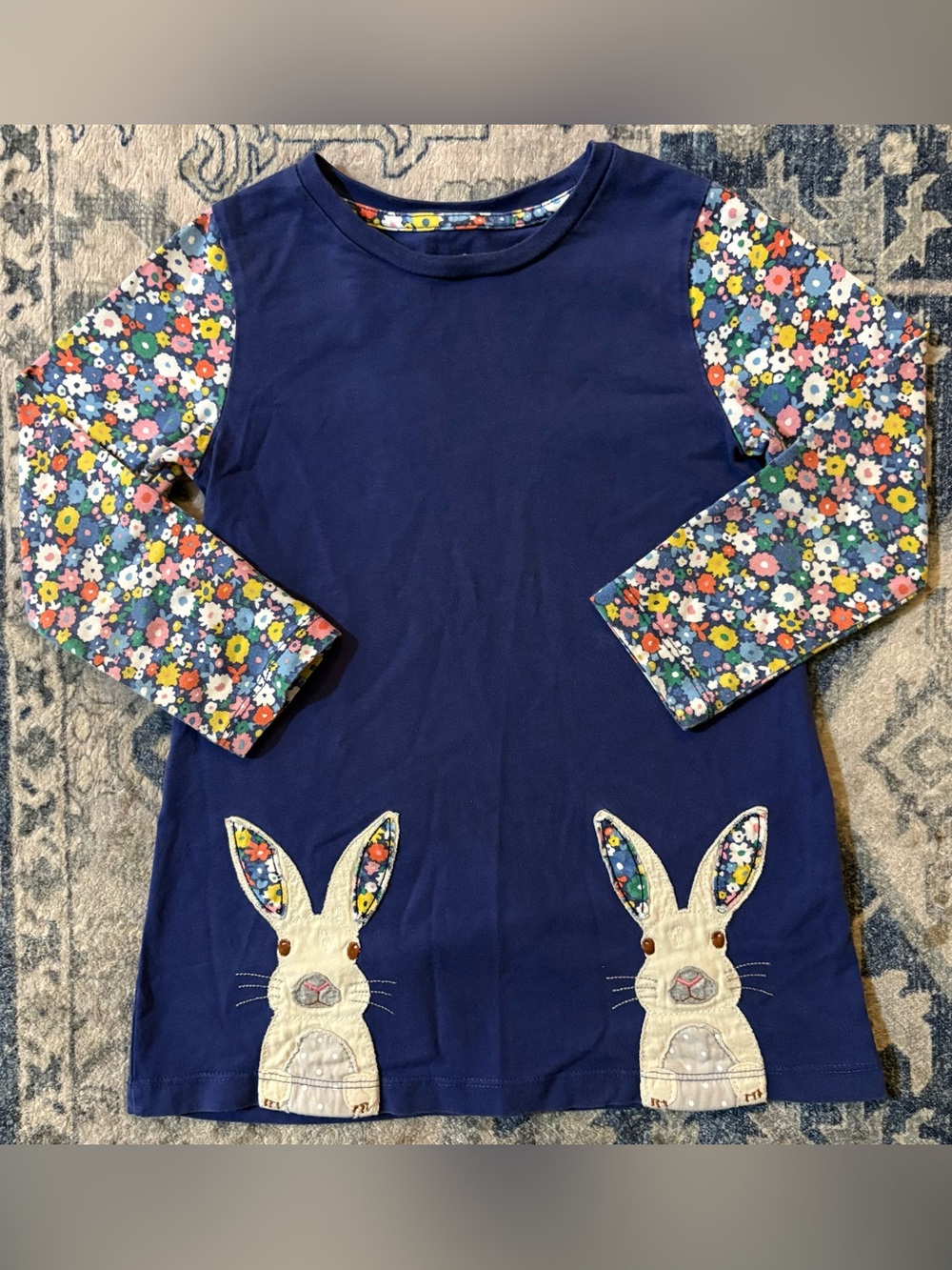 Mini Boden Navy Tunic with Floral Sleeves & Bunny Appliqués